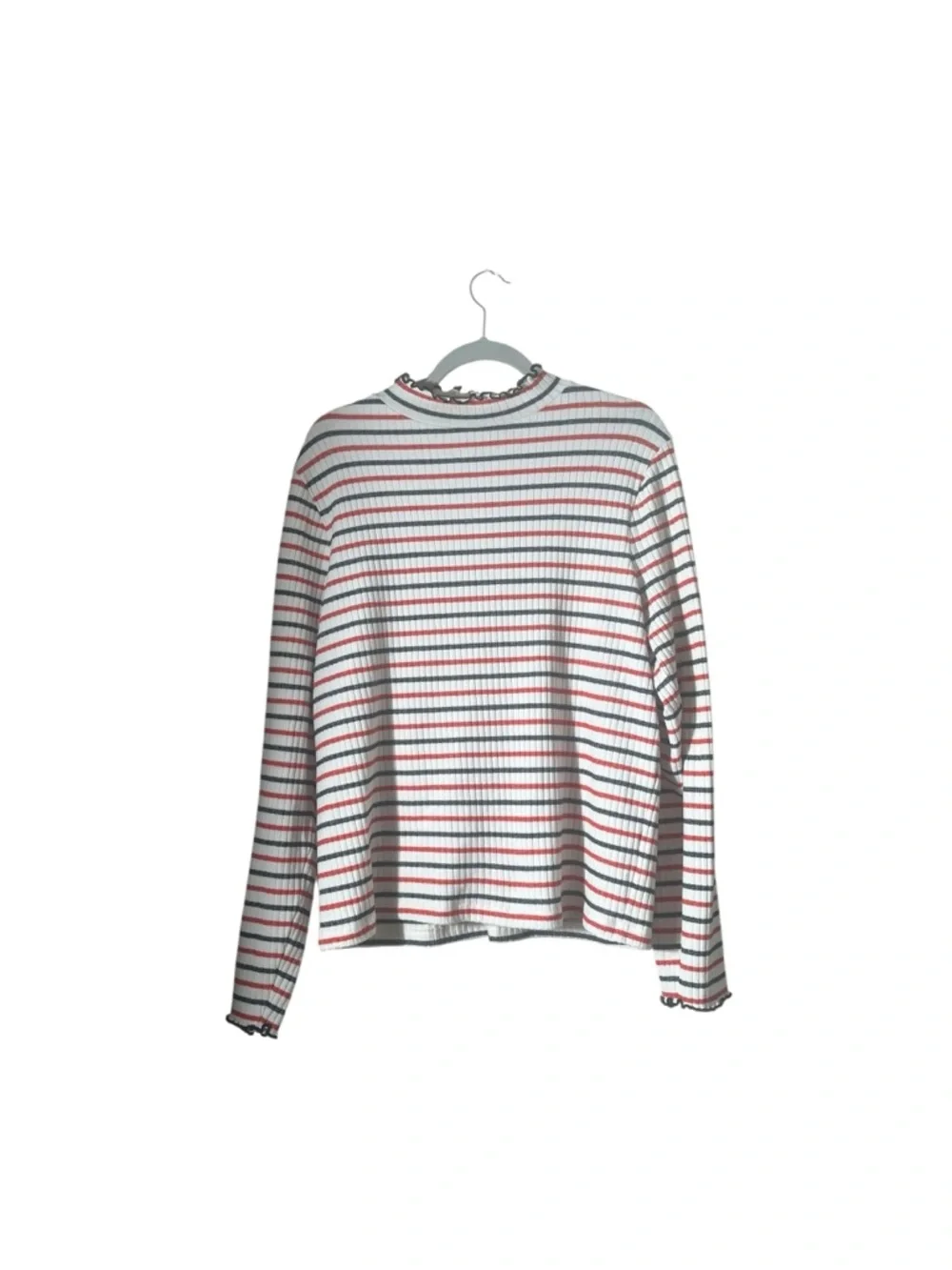 J. Crew White Ribbed Crewneck Sweater with Red and Navy Stripes